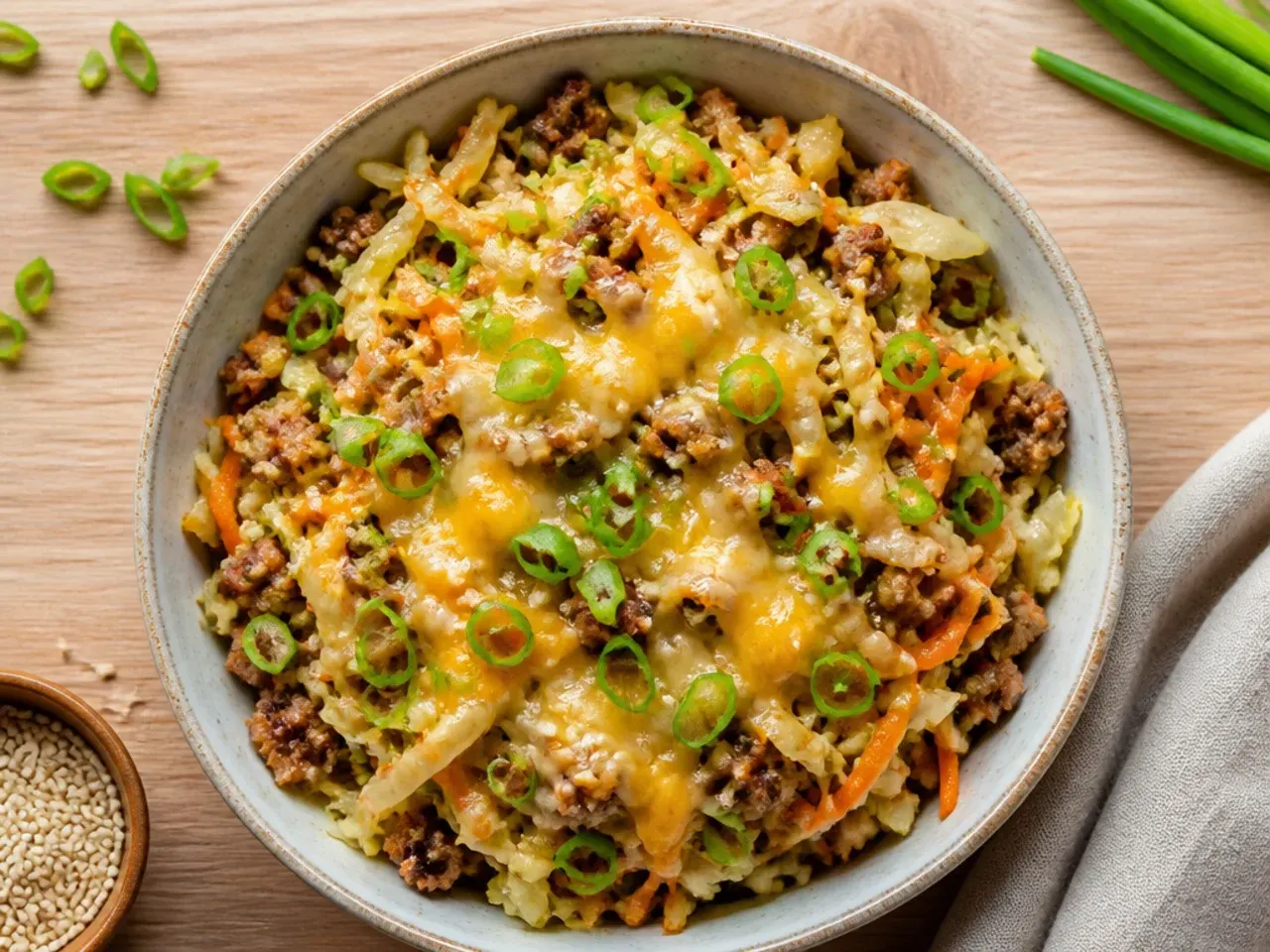 Budget friendly egg roll bowl made with a whole shredded cabbage