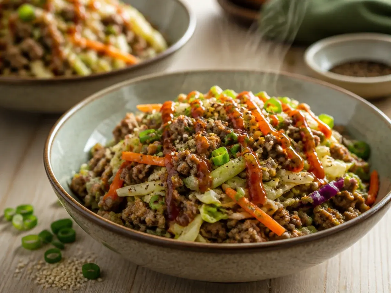 Large batch crowd pleasing egg roll bowl with toppings bar