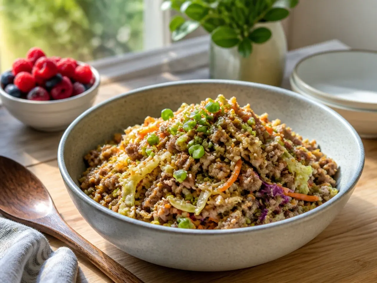 Family friendly egg roll bowl served over cauliflower rice