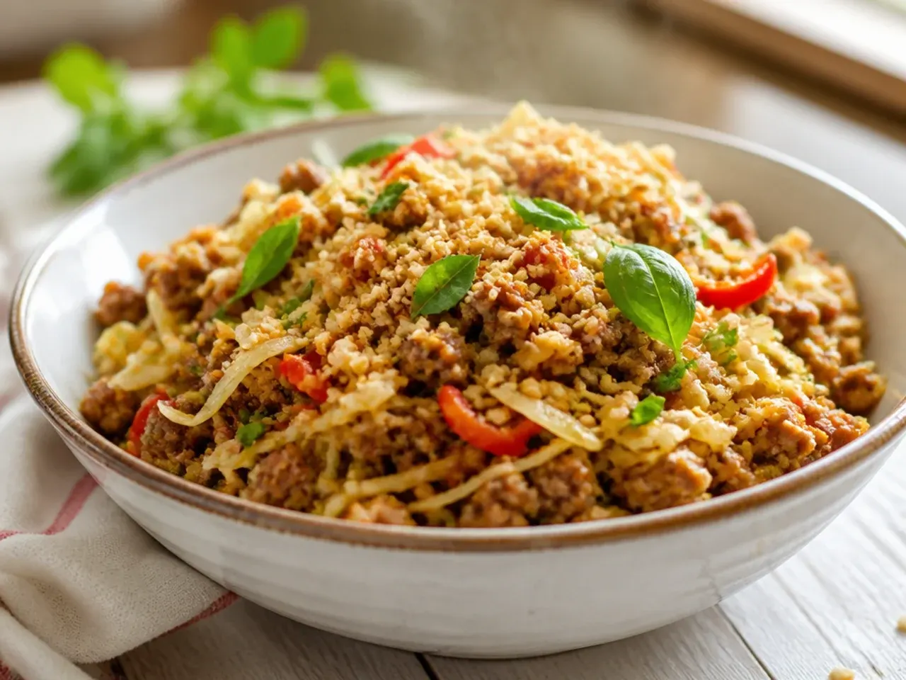 Festive egg roll bowl with toasted almonds and five spice