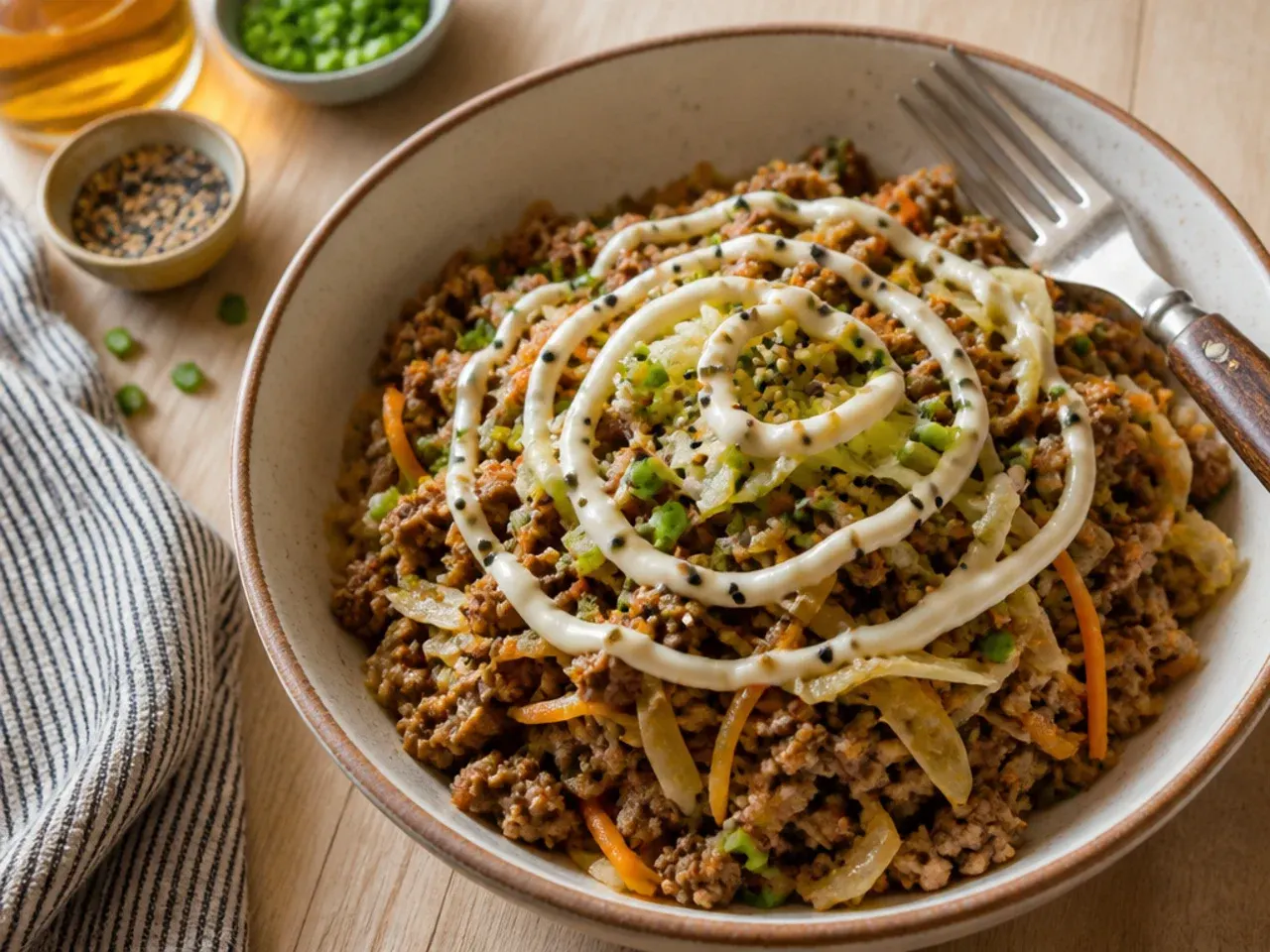 Quick fifteen minute egg roll bowl cooked in one skillet