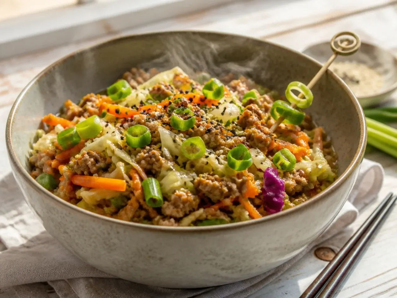 Homemade egg roll bowl with hand shredded cabbage and toasted sesame seeds