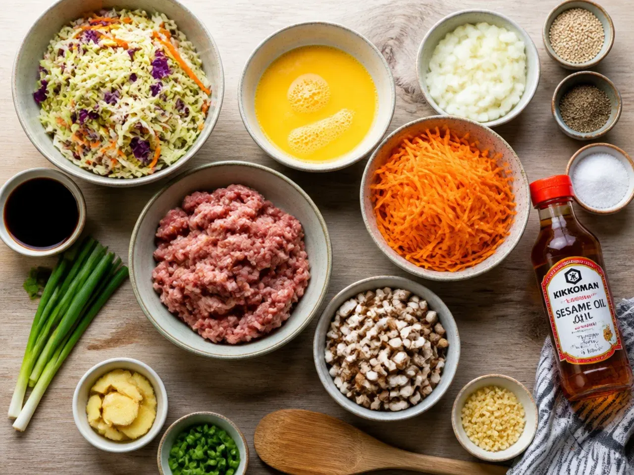 Close up of hands seasoning keto egg roll in a bowl in a skillet