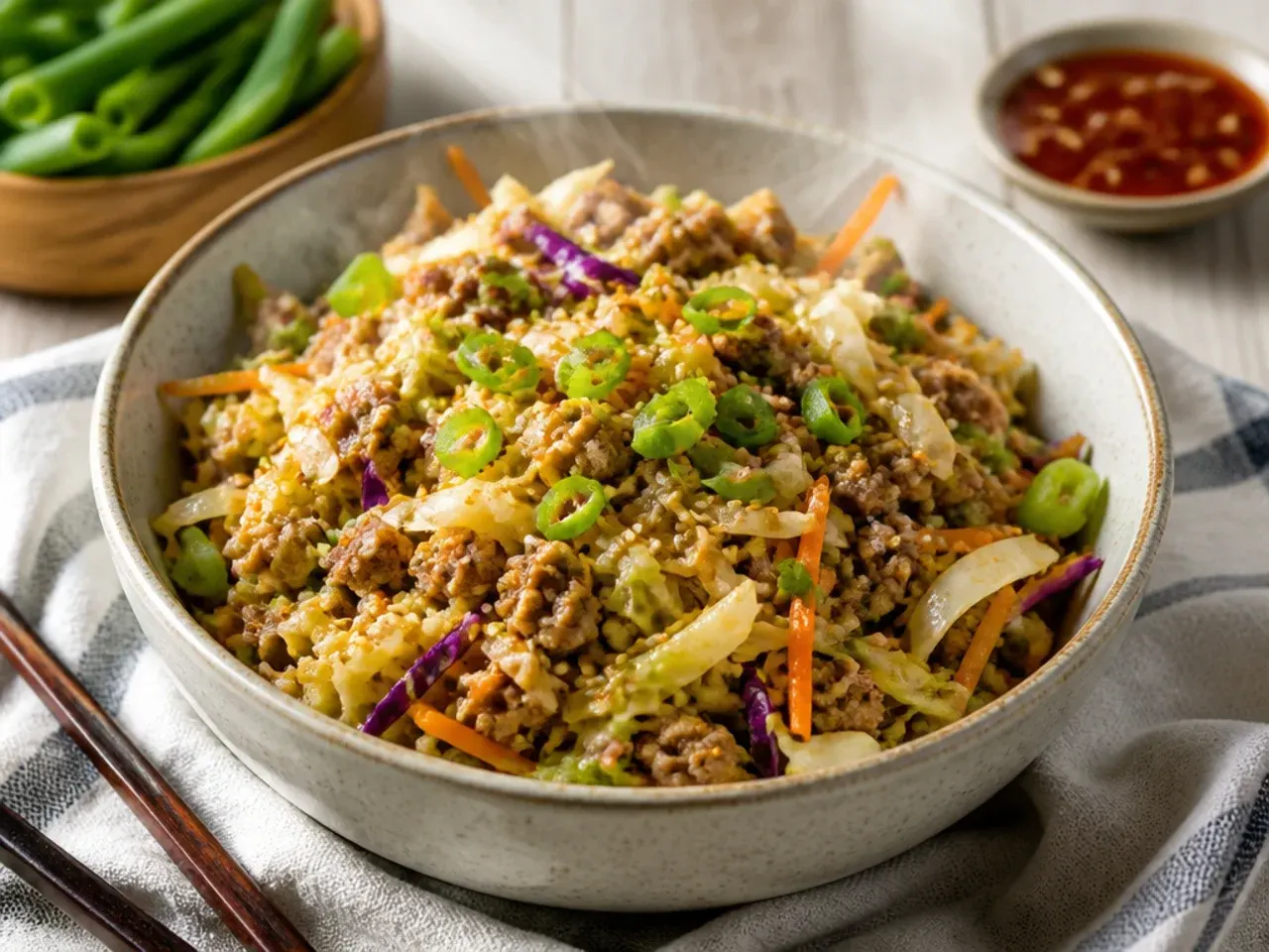 Keto egg roll in a bowl served over cauliflower rice with toppings