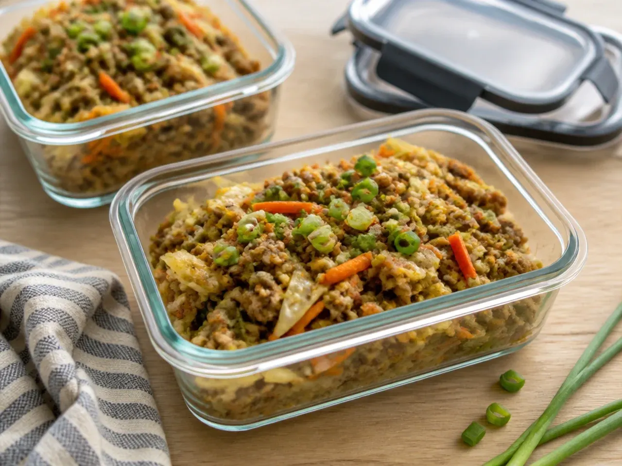 Airtight container of leftover keto egg roll in a bowl in the fridge