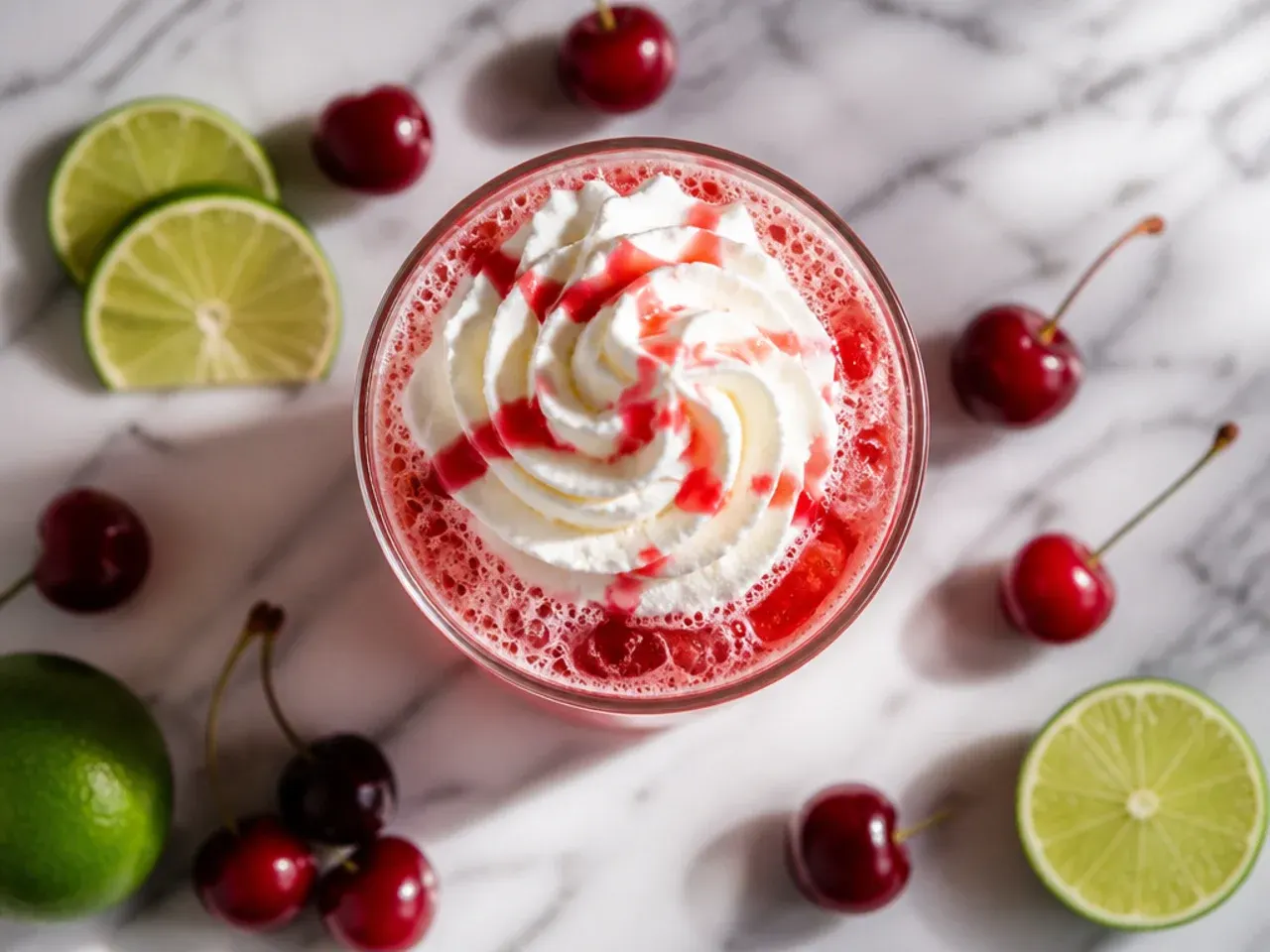 Iced sugar-free cherry limeade in a tall glass with fresh cherries and a lime wedge