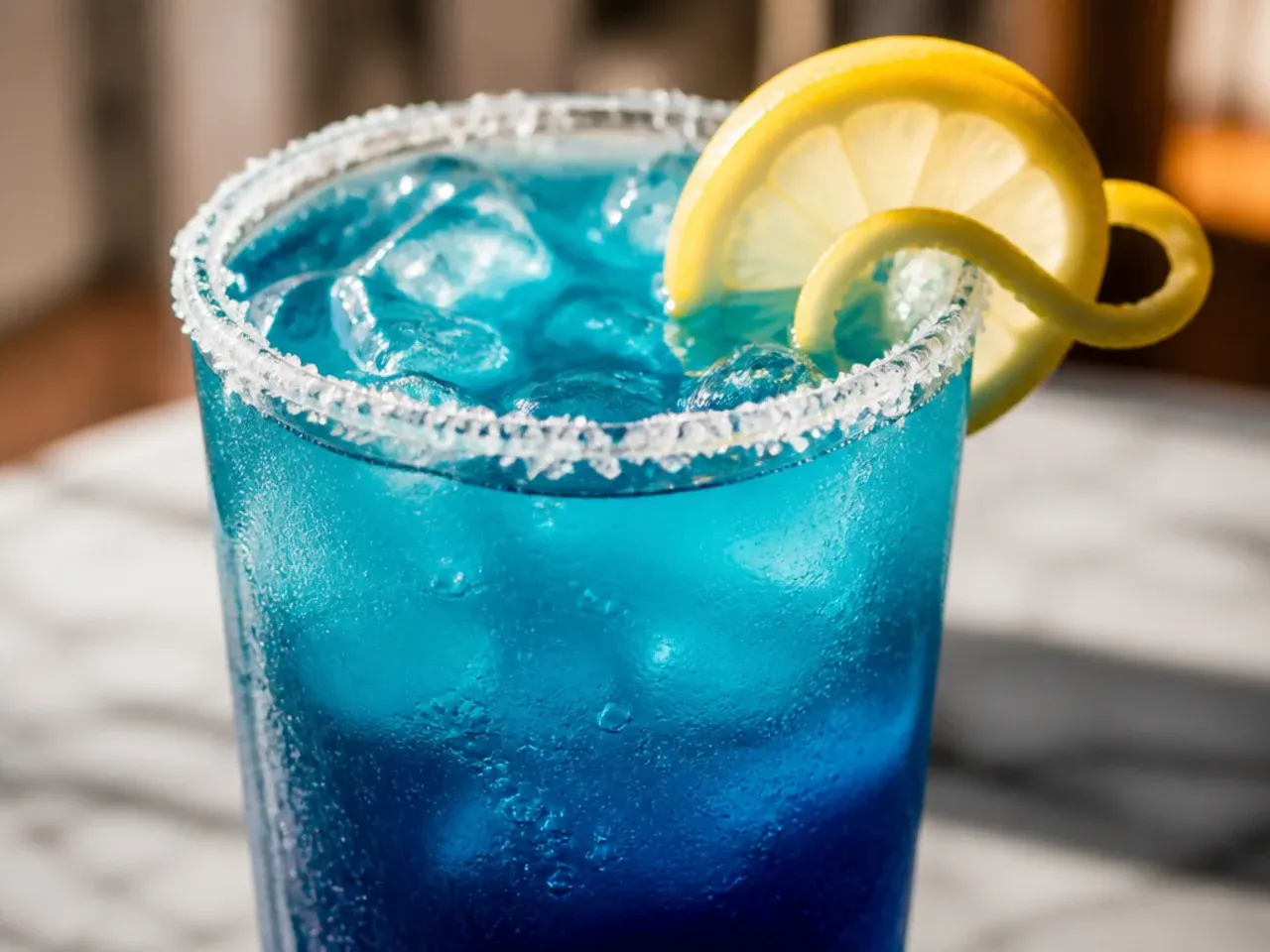 Bright aqua blue keto ocean water copycat drink in a glass with ice