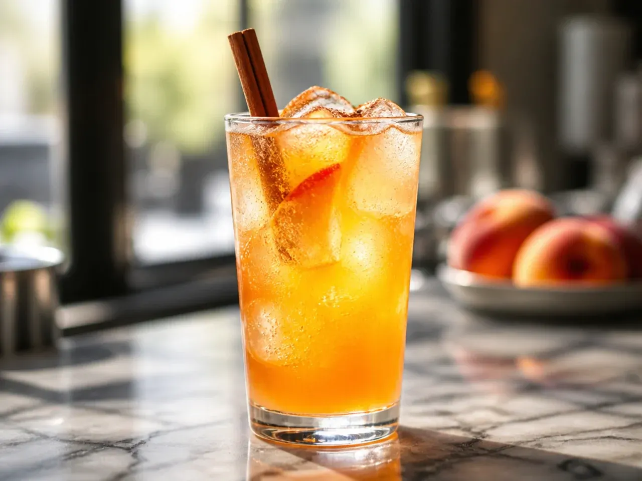 Refreshing keto peach mango sparkler with muddled fruit at the bottom of the glass