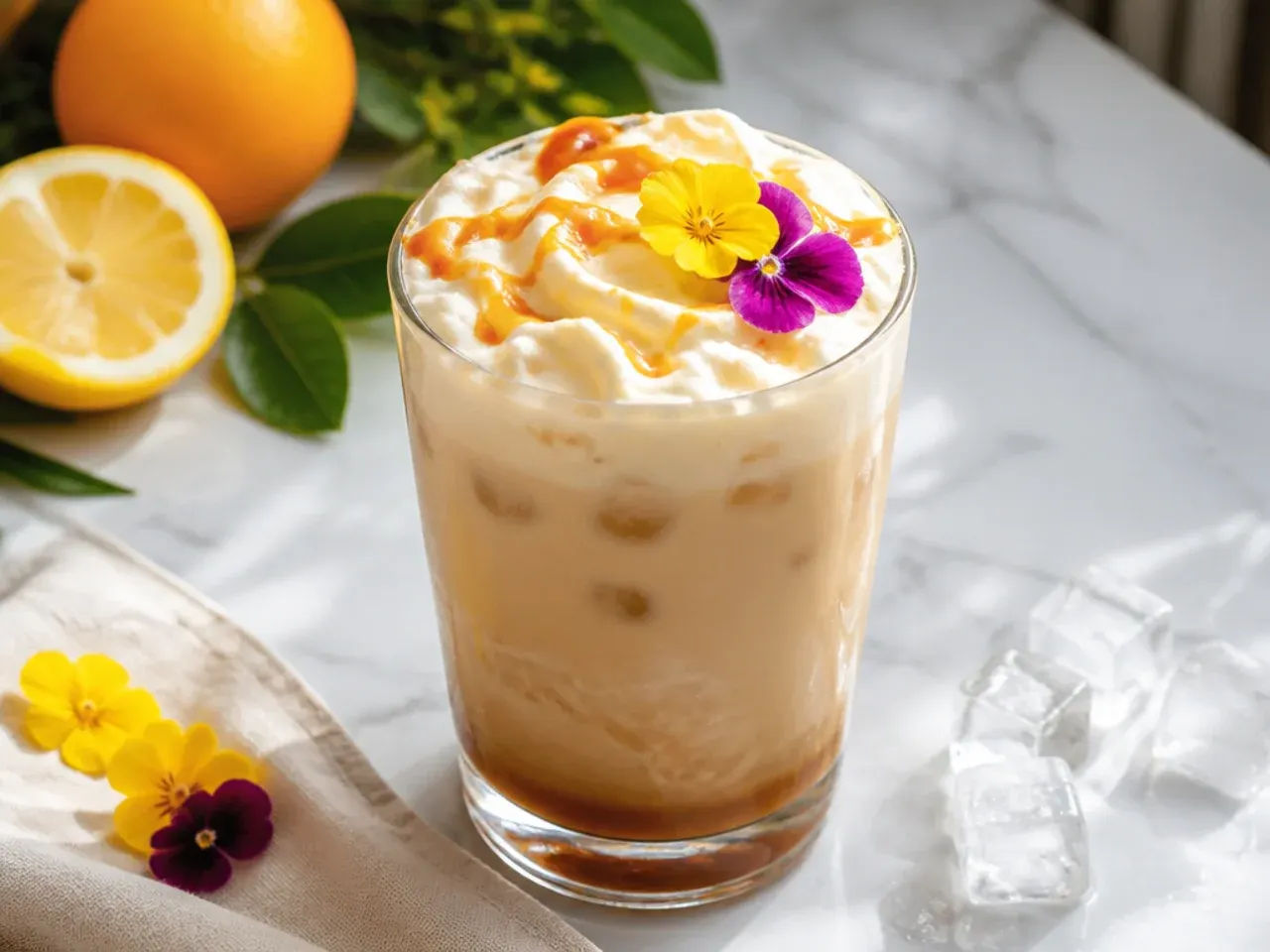 Cozy keto butterscotch cream soda dusted with cinnamon in a tall glass