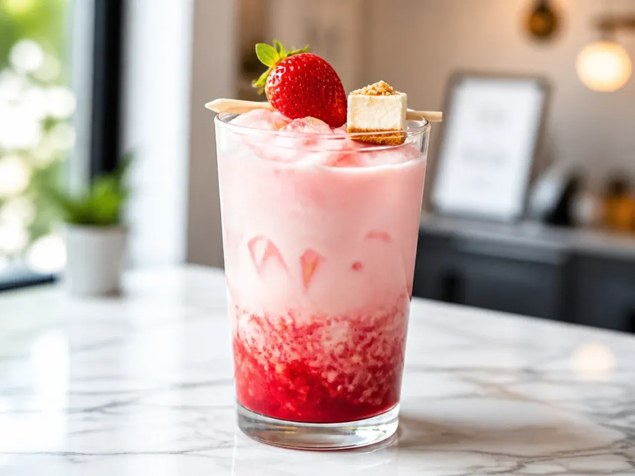 Sweet keto strawberry cheesecake dirty soda with a pink marbled swirl