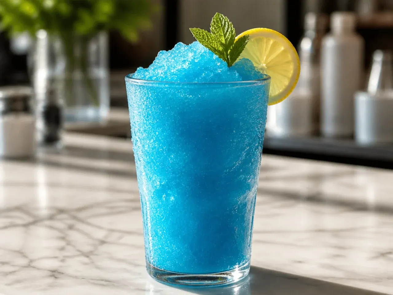 Frozen keto blue raspberry slush in a glass with a wide straw