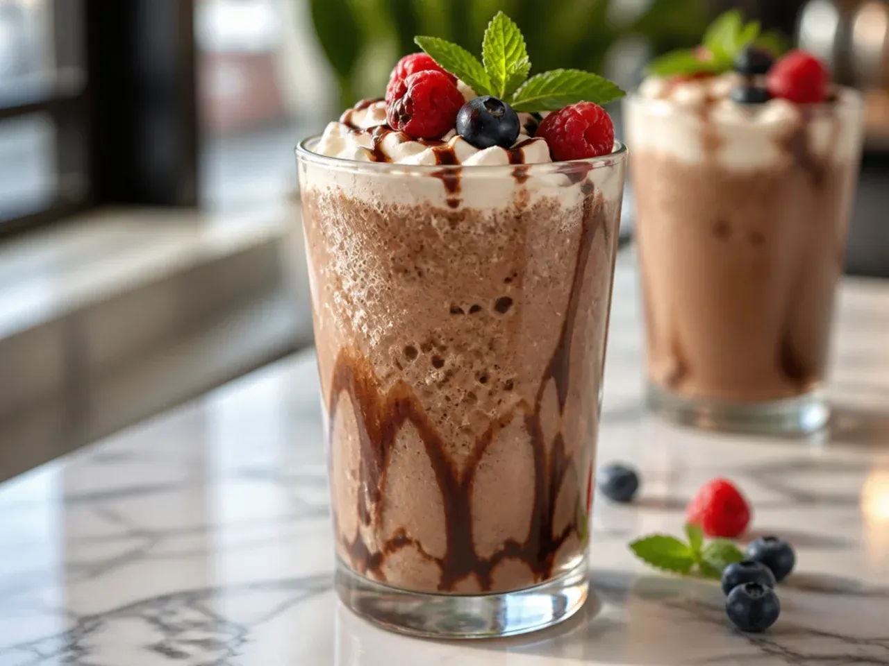 Blended keto frozen mocha cream soda topped with a swirl of cream