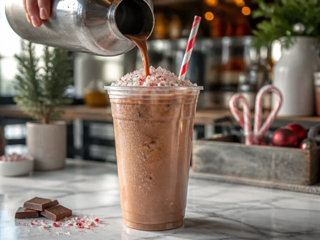 Festive keto peppermint mocha cream soda in a clear glass with a red swirl