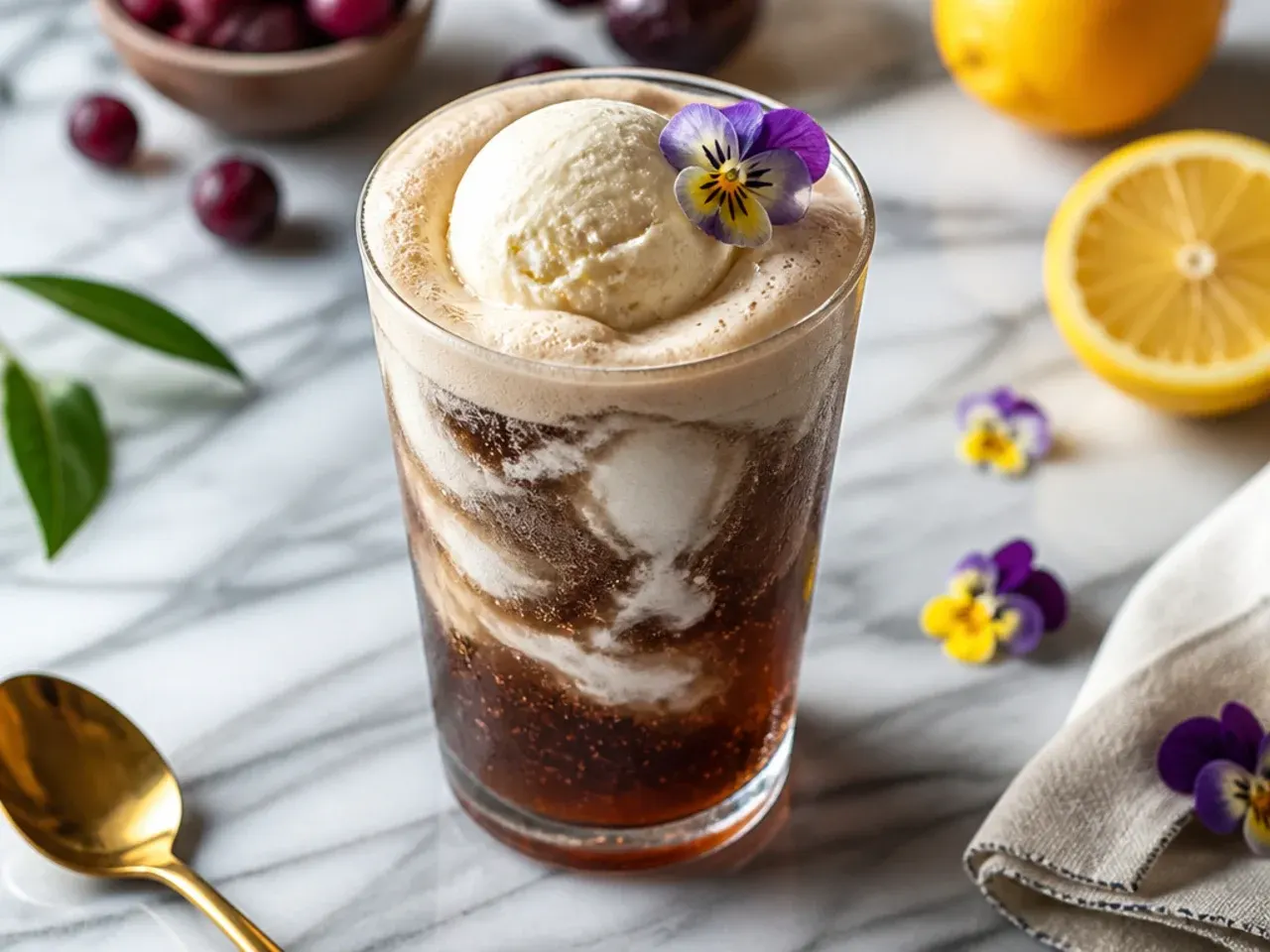 Bold keto root beer float with foam rising over sugar-free vanilla ice cream