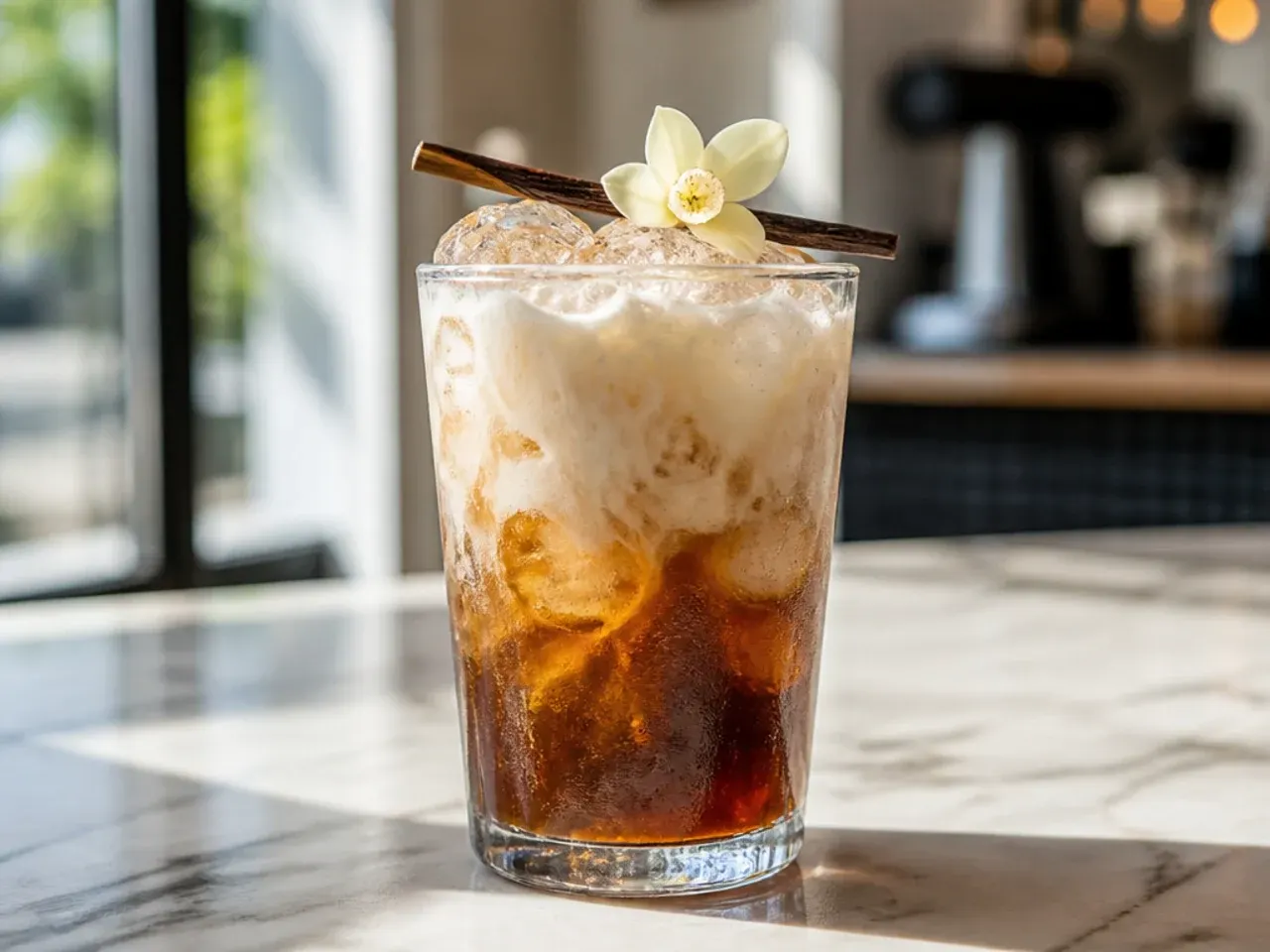 Smooth keto vanilla bean sweet cream cold brew soda with visible vanilla bean flecks in the cream