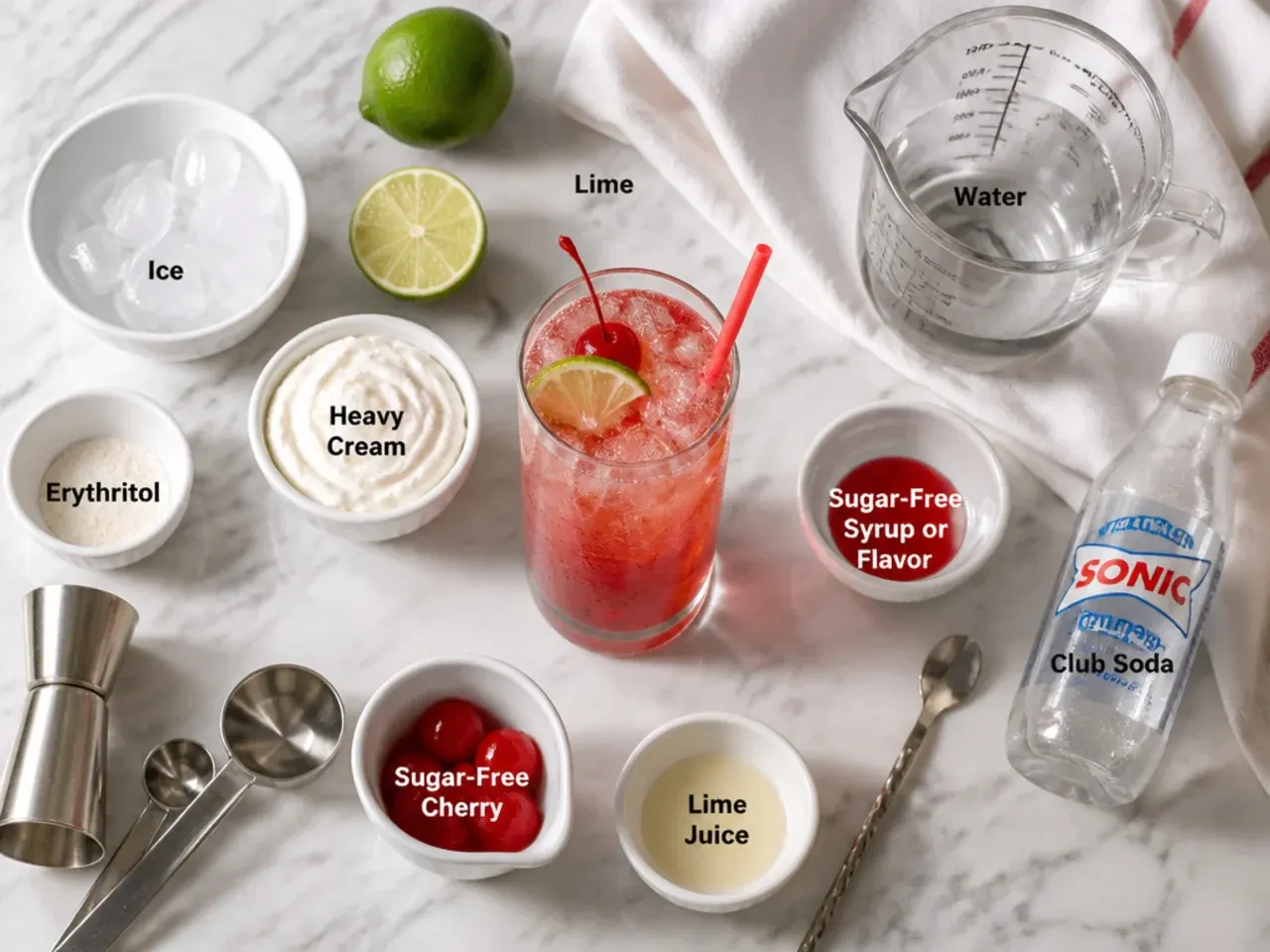 Hands stirring a sugar-free syrup in a small saucepan next to bottles of diet soda