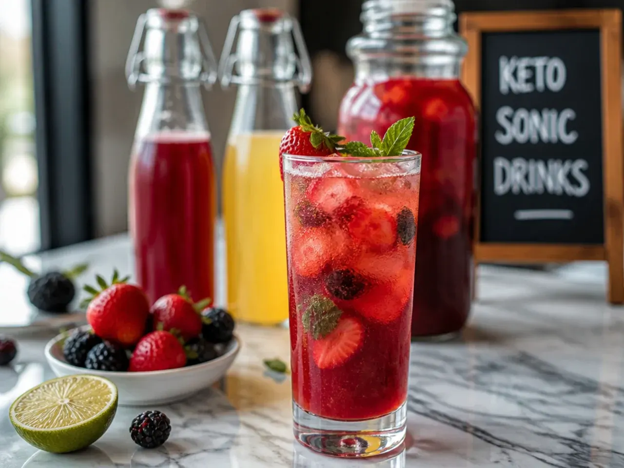 Jars of homemade sugar-free syrups lined up in the fridge door for batch prepping keto drinks