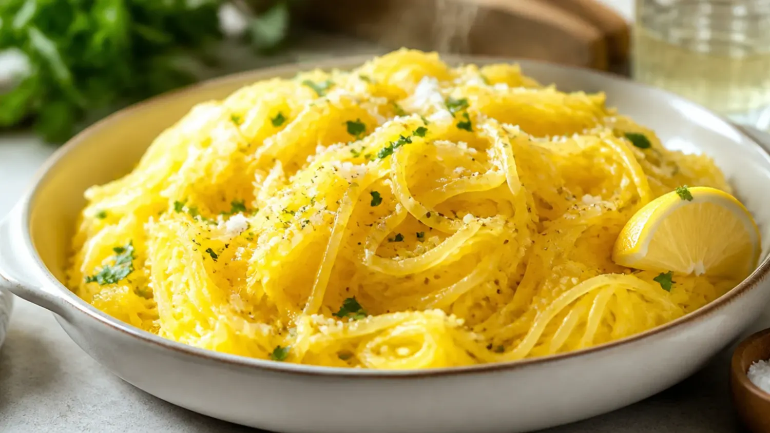 A bowl of golden roasted spaghetti squash strands topped with melted cheese, sausage, and fresh basil