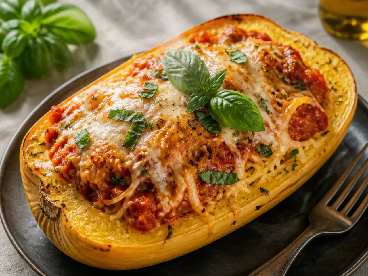 Golden roasted spaghetti squash strands in a skillet with melted cheese and fresh basil