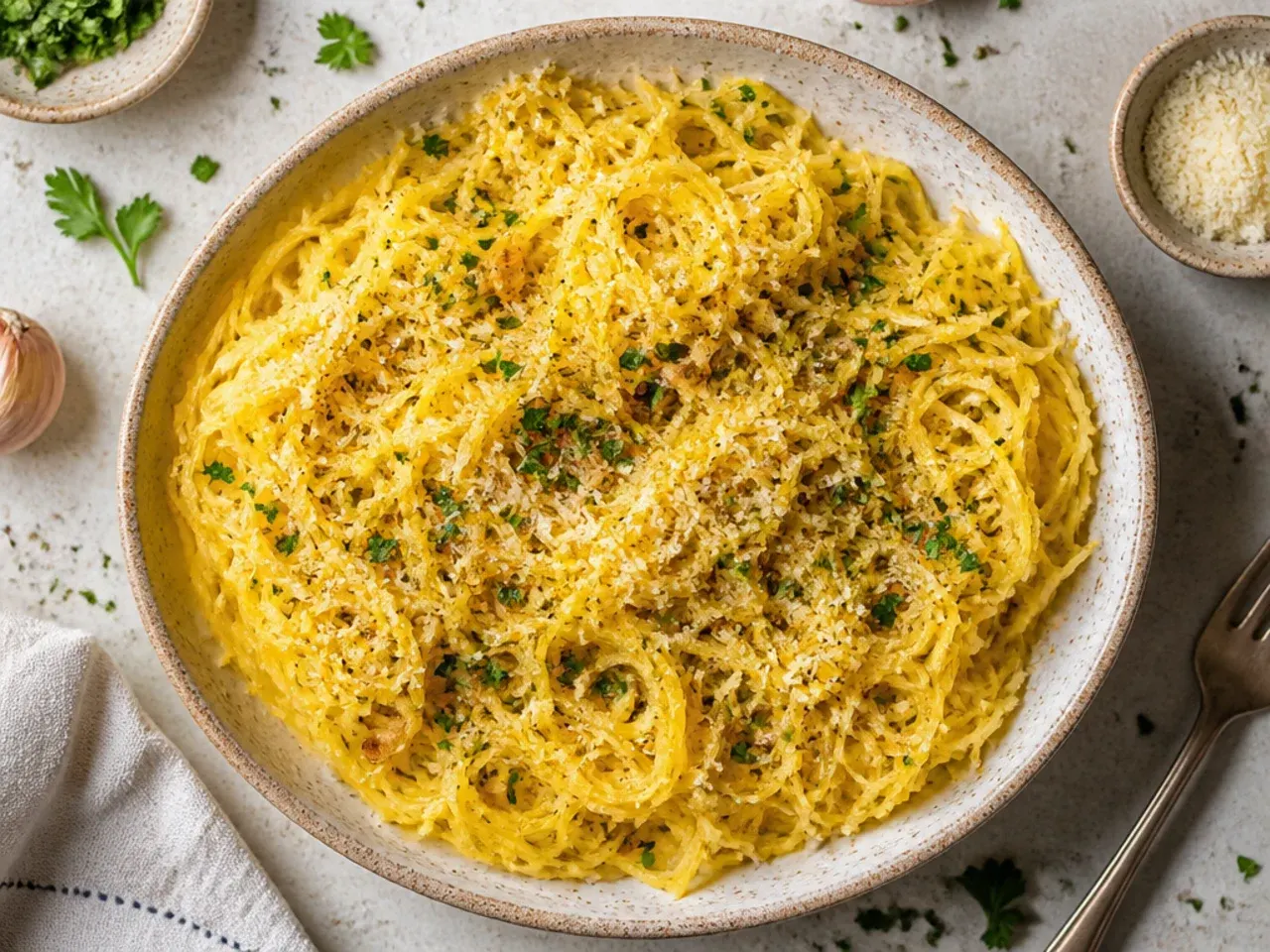 Spaghetti squash strands tossed with melted butter, garlic, and parmesan