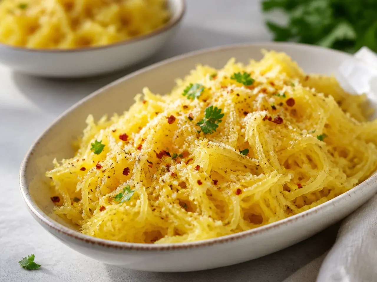 Simple spaghetti squash tossed with parmesan cheese in a white bowl