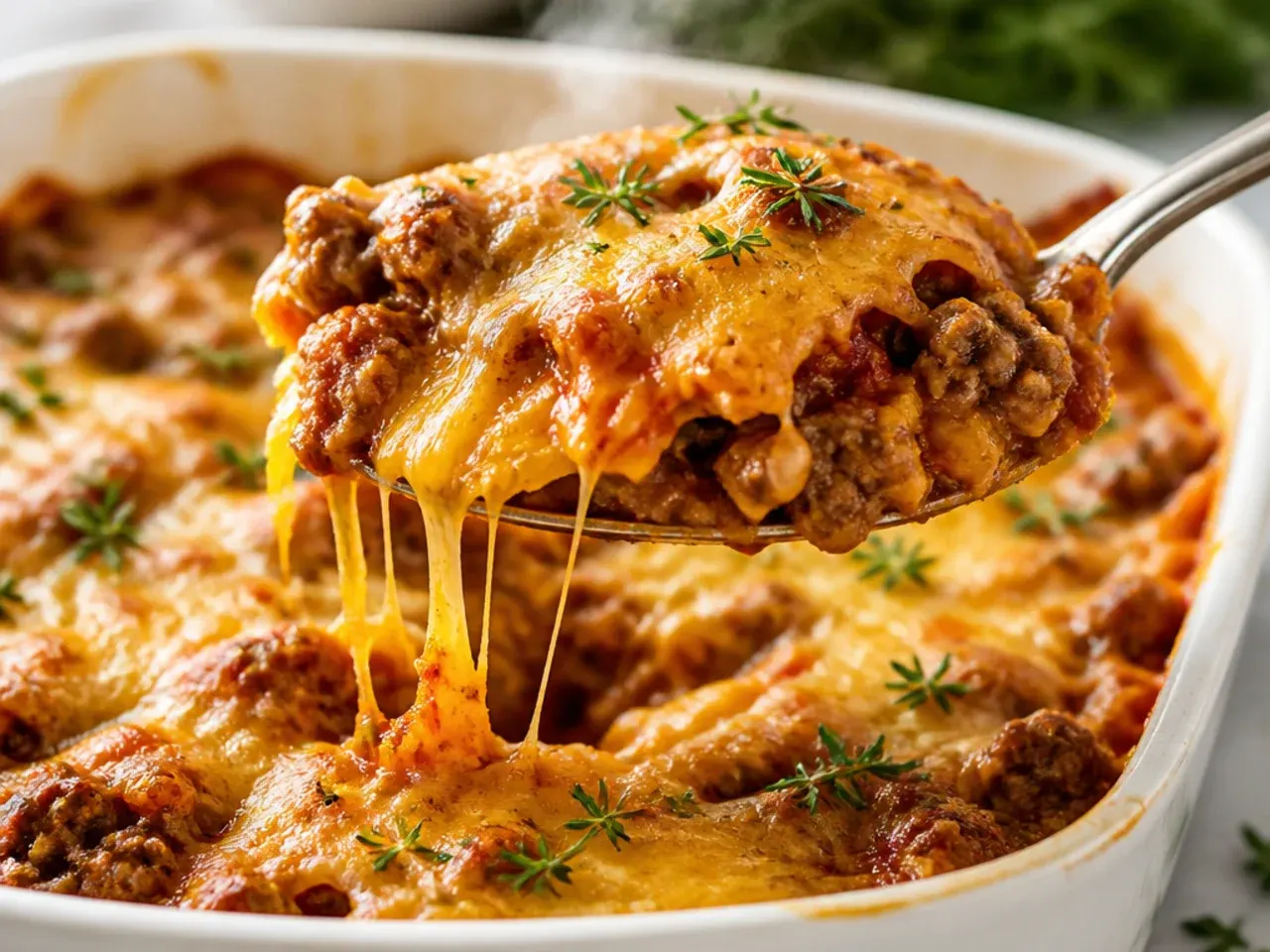 Hearty ground beef and spaghetti squash bake topped with melted mozzarella
