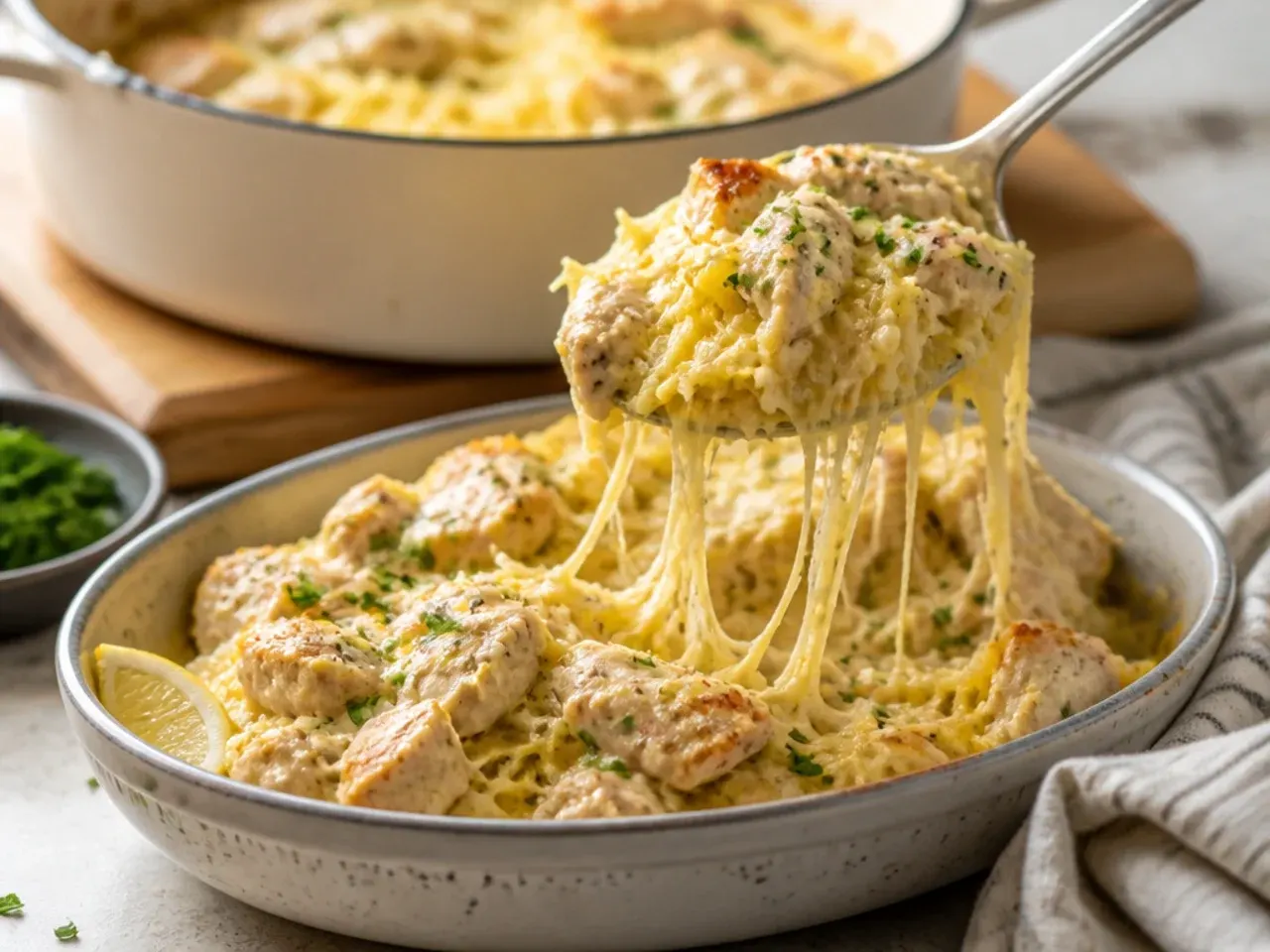Creamy chicken alfredo spaghetti squash in a baking dish