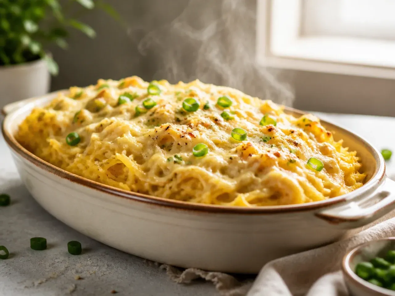 Creamy garlic parmesan sauce coating spaghetti squash strands