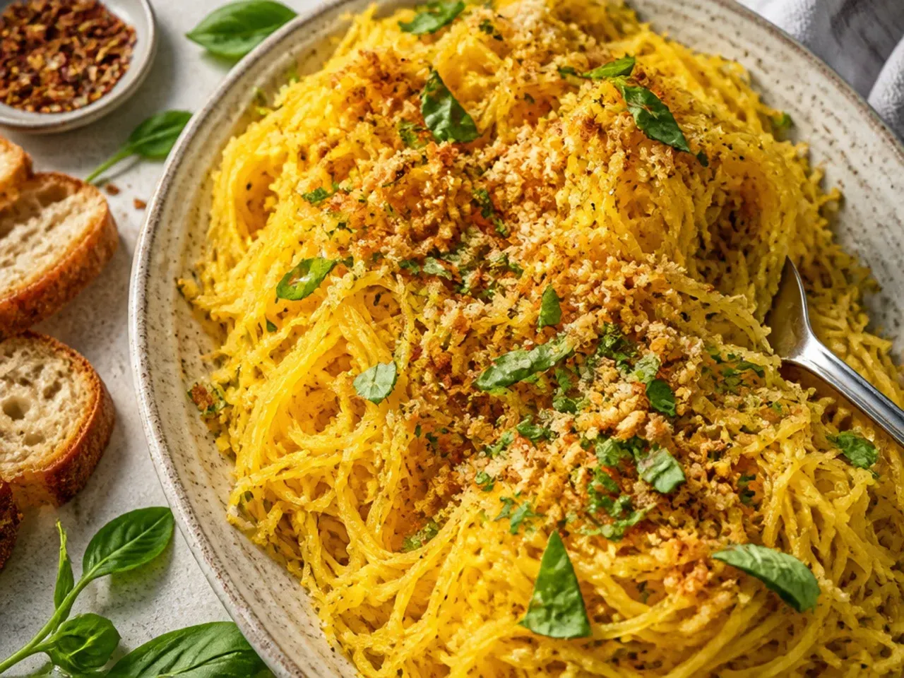 Spaghetti squash dressed with olive oil, lemon, and fresh herbs