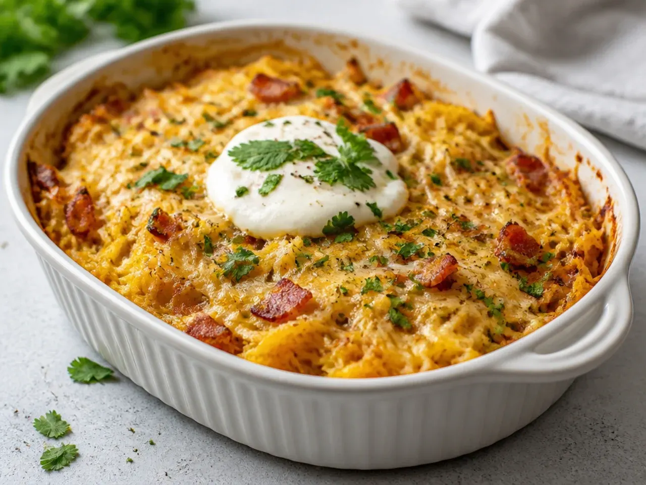 Cheesy spaghetti squash casserole topped with crispy bacon and cheddar
