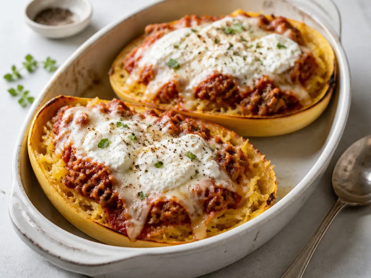 Spaghetti squash boats layered like lasagna with ricotta and meat sauce