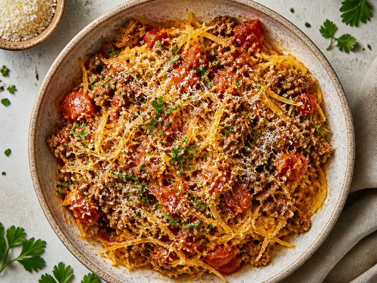 Budget-friendly spaghetti squash with ground beef and tomato sauce