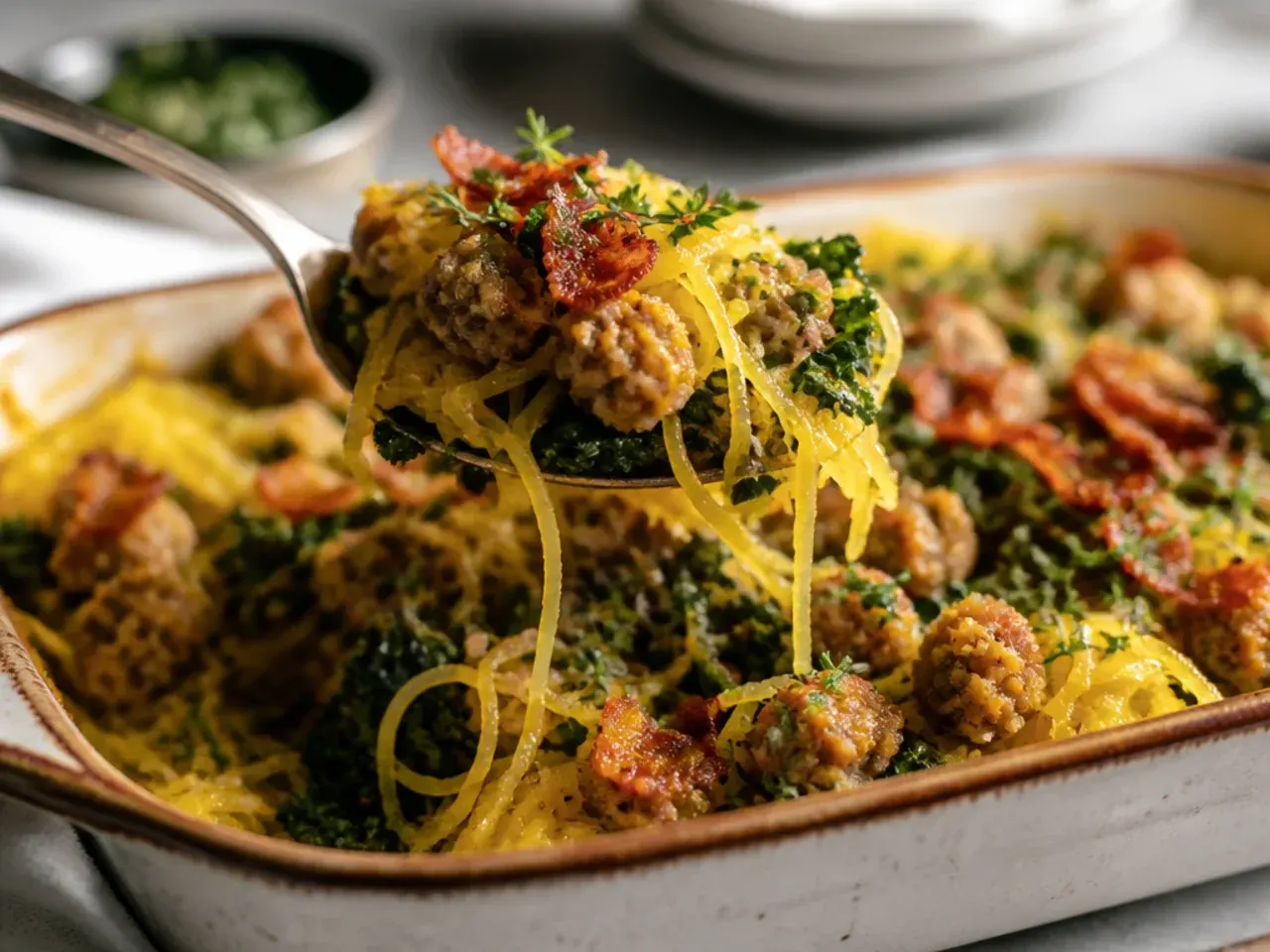 Rustic spaghetti squash with sausage and wilted kale