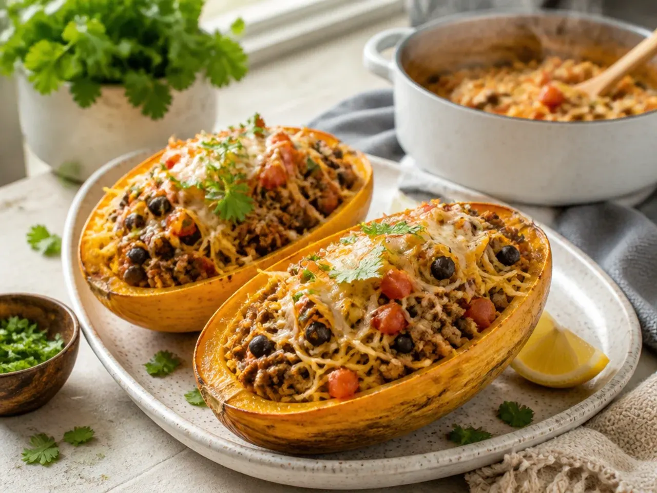 Taco-loaded spaghetti squash boats topped with cheese and coriander