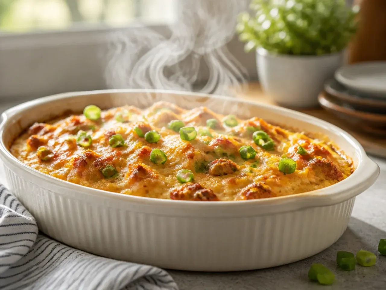 Large family-style spaghetti squash casserole in a baking dish