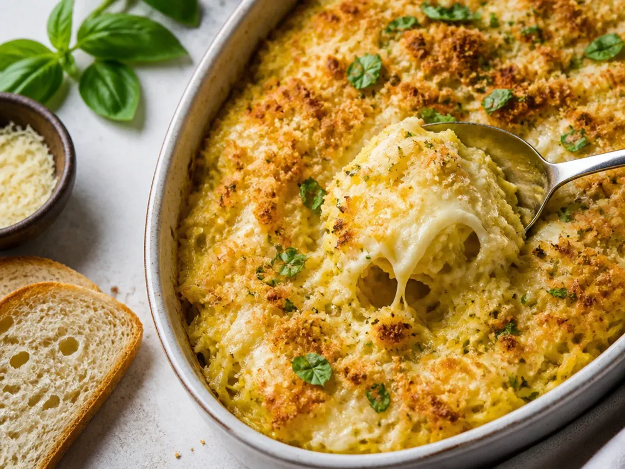 Four-cheese spaghetti squash bake with a golden, bubbling top