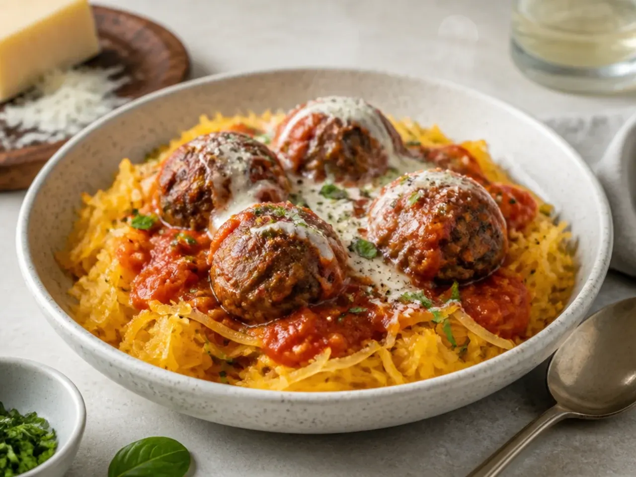 Spaghetti squash topped with keto meatballs in marinara sauce
