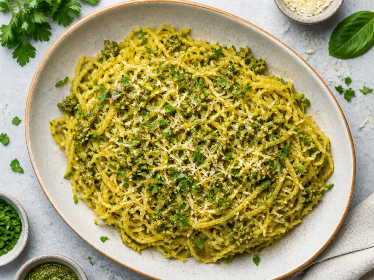 Spaghetti squash tossed with basil pesto and cherry tomatoes