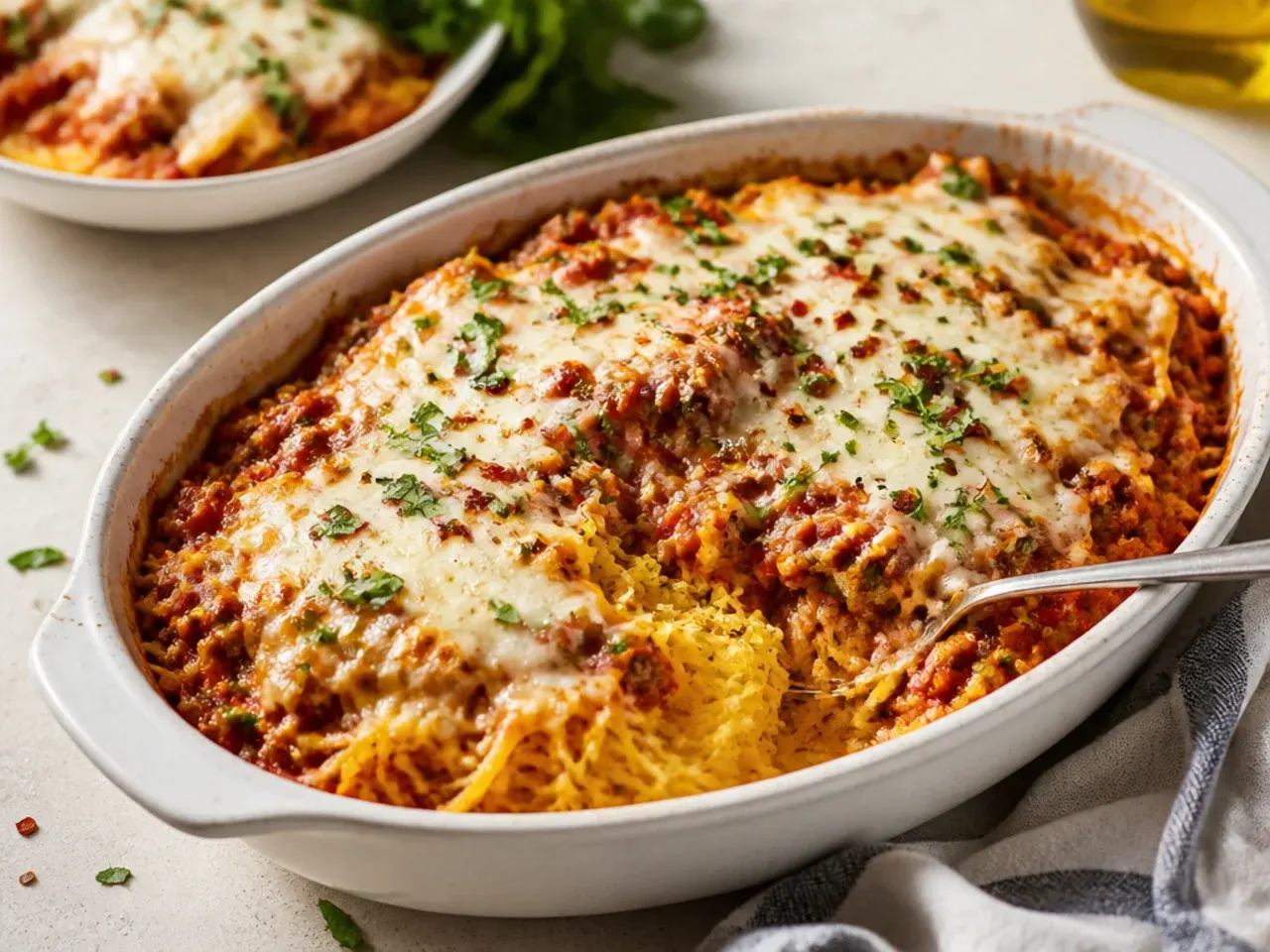 Chicken parmesan served over cheesy spaghetti squash
