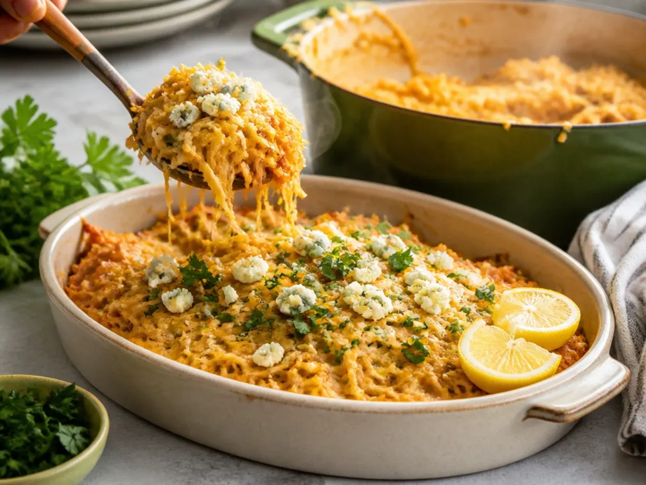 Creamy buffalo chicken spaghetti squash topped with blue cheese crumbles