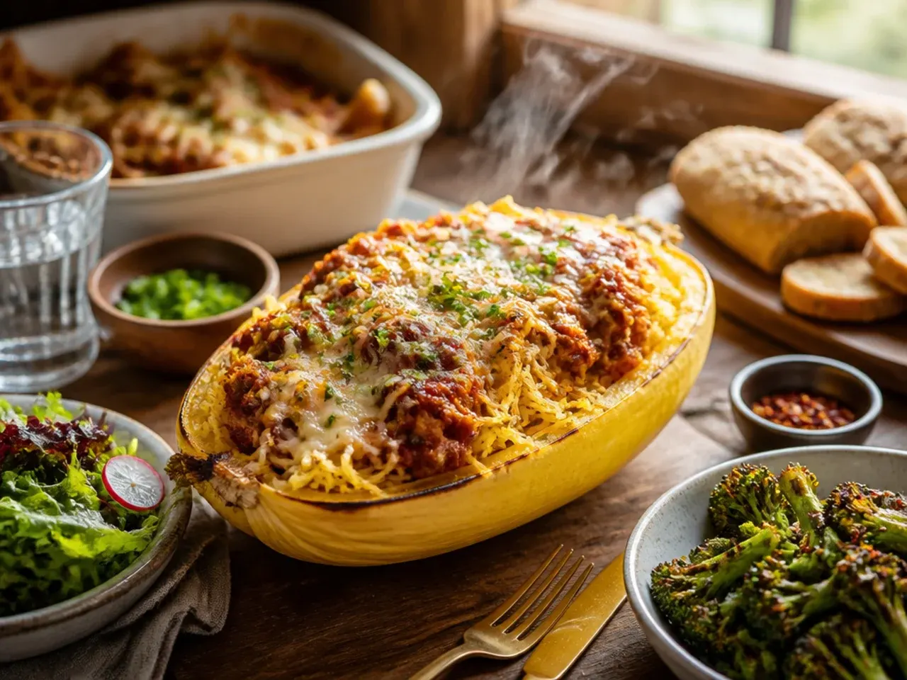 Spaghetti squash served with a side salad and grilled chicken