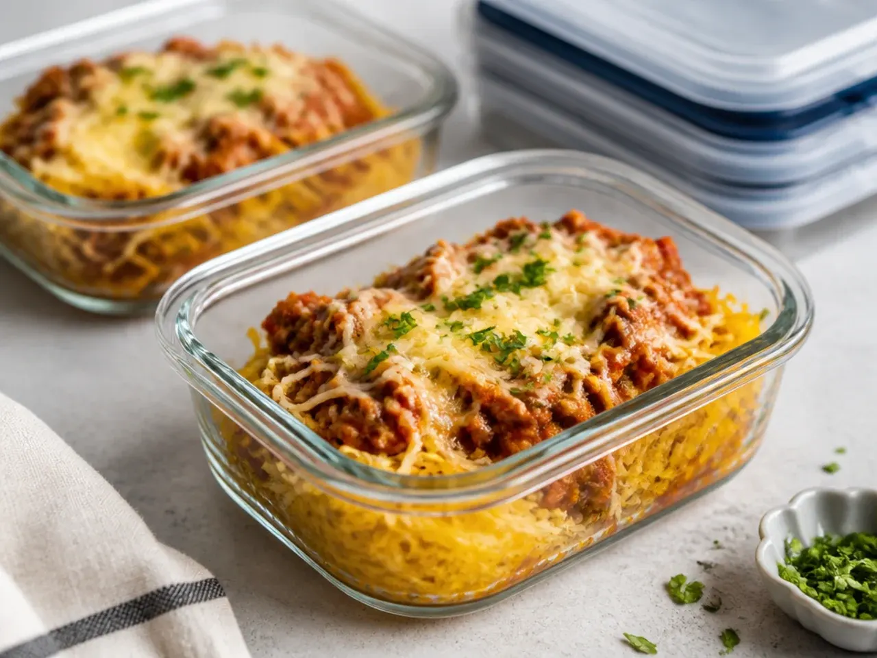 Leftover spaghetti squash stored in a glass container
