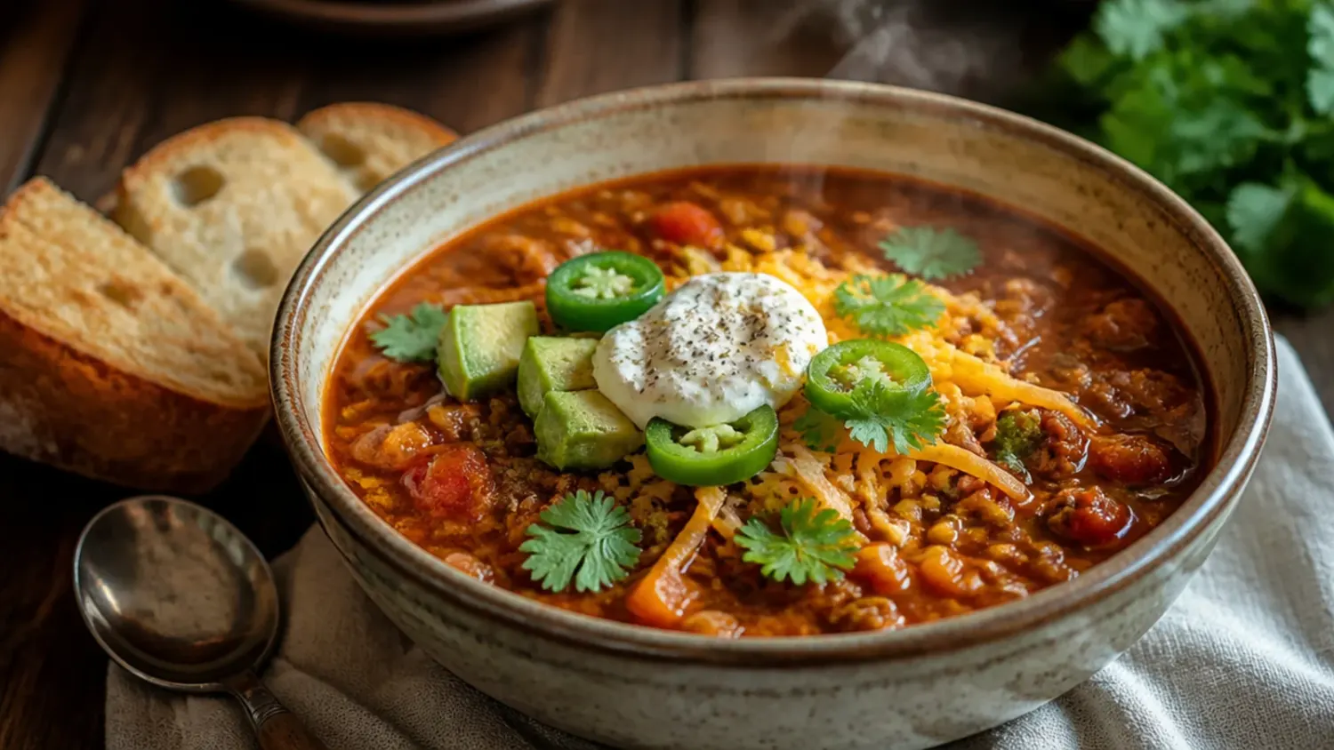 A bowl of creamy keto taco soup topped with diced avocado, shredded cheddar, and fresh cilantro