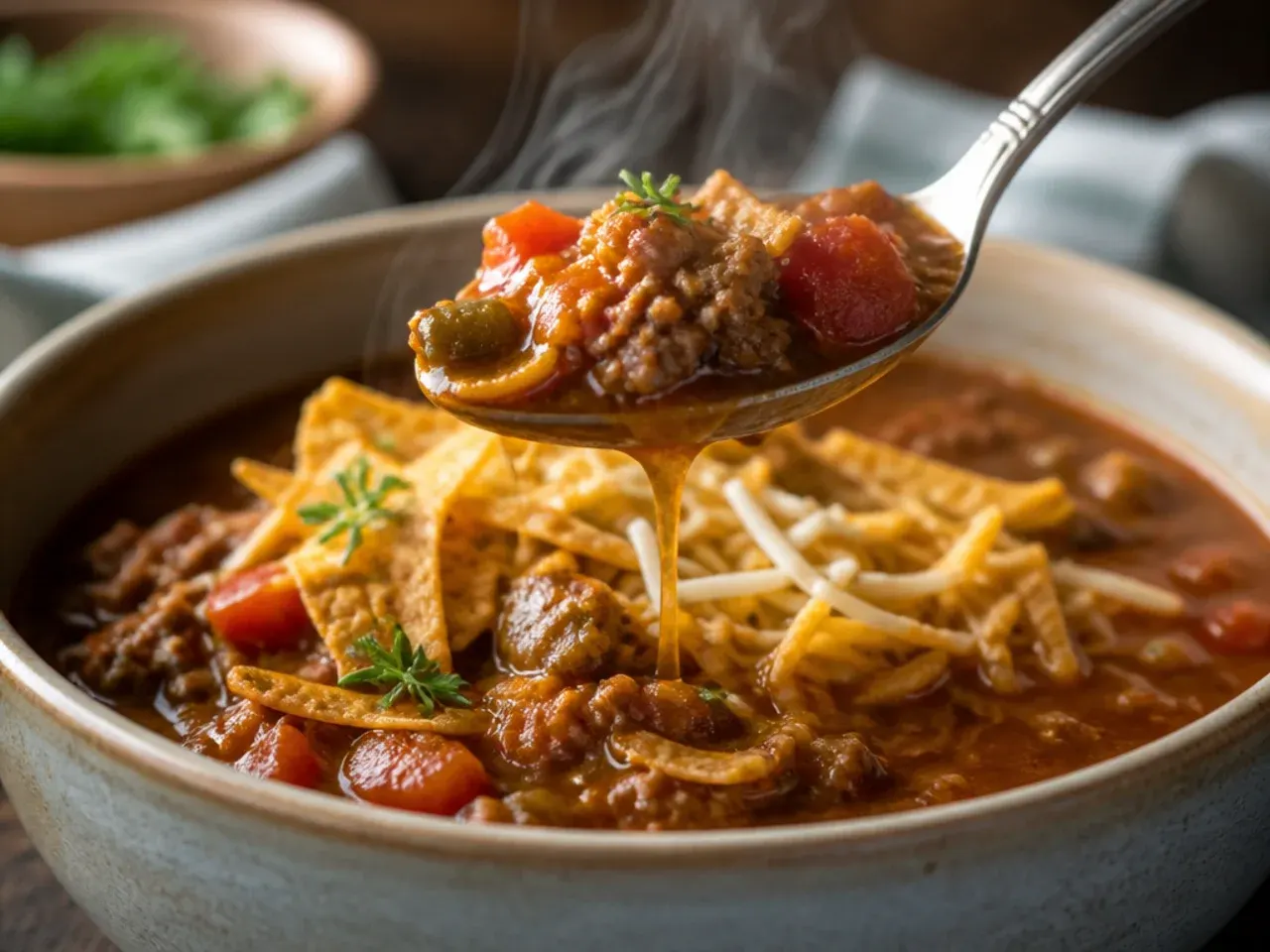 Taco seasoning being stirred into browned beef and toasted in the pan