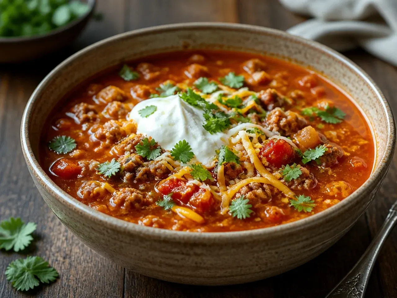 Keto taco soup base simmering uncovered in a large pot on the stove