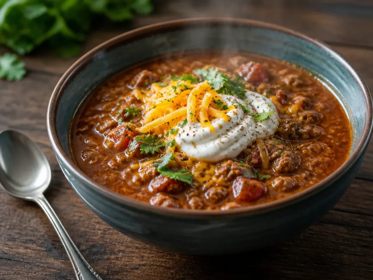 Thick, reduced keto taco soup coating the back of a wooden spoon