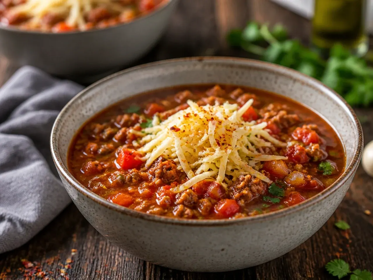 Freshly shredded cheddar cheese being stirred into a pot of keto taco soup