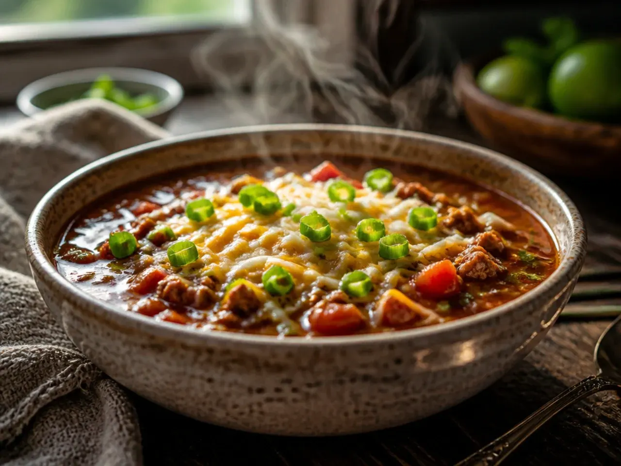 A spoonful of keto taco soup being tasted before final seasoning