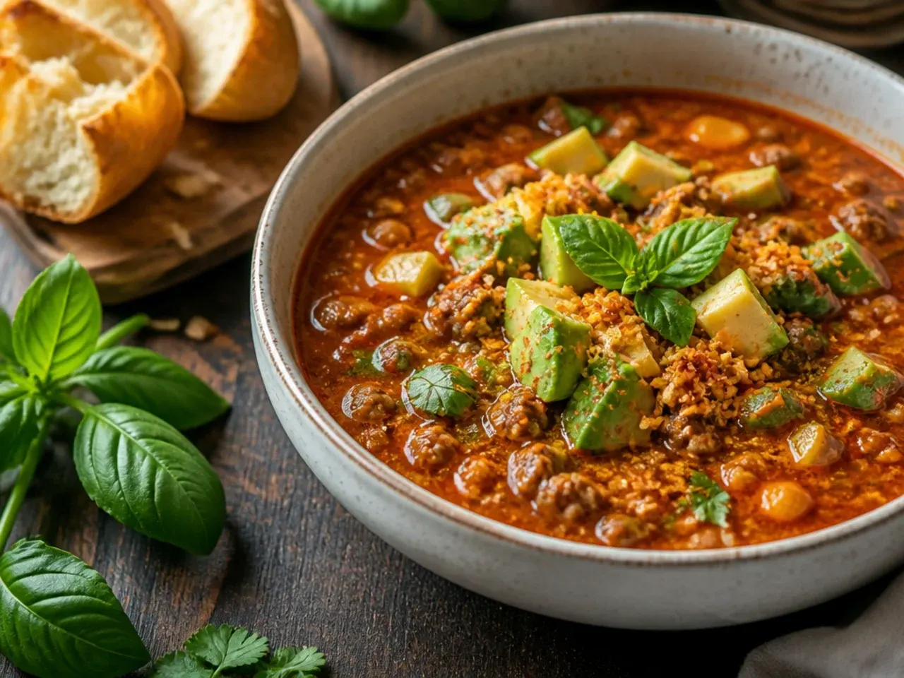 Leftover keto taco soup being gently reheated and stirred in a saucepan