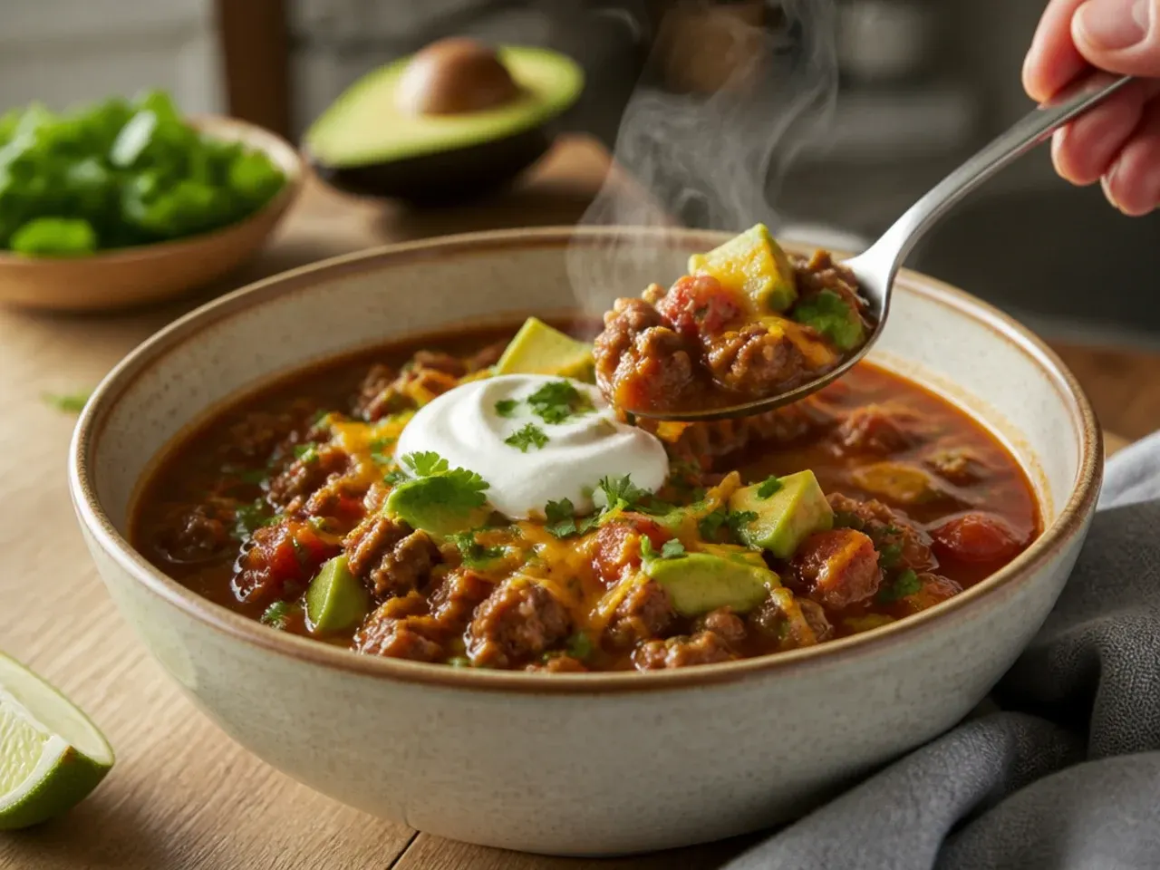 A finished pot of creamy keto taco soup ready to be served with toppings on the side